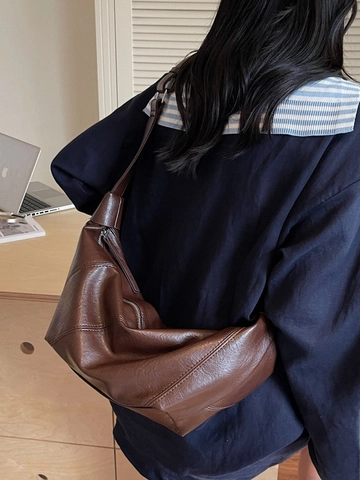 Sac Dumpling Femme Minimaliste Français en Cuir PU Souple Vintage Croissant Sac Bandoulière Quotidien Navette Grande Capacité
