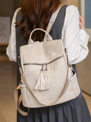 Zaino da Donna in Pelle PU di Grande Capacità Vintage Con Nappine Borsa da Viaggio Retro Morbida Borsa a Spalla Moda Donna