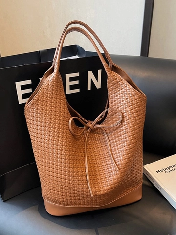 Vintage Μεγάλης Χωρητικότητας Υφαντή Τσάντα Tote από Δέρμα PU για Γυναίκες Κομψή Λεπτομέρεια Φιόγκου Τσάντα Ώμου Μόδα Γραφείο