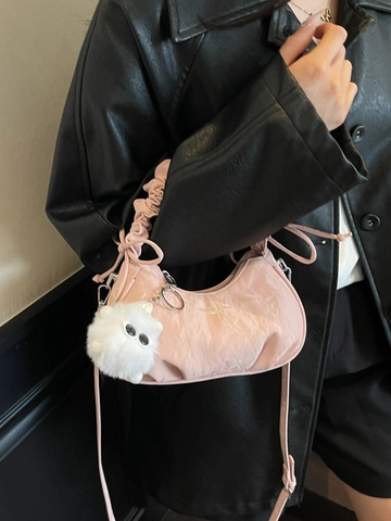 Bolso de Mano de Cuero PU Fruncido para Mujer Bolso de Axila de Color Sólido Bandolera con Colgante de Peluche para Uso Diario
