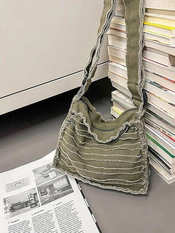 Borsa a Tracolla in Tela Vintage con Bordi Sfrangiati per Donna Uomo Streetwear Borsa a Spalla Pieghettata Casual
