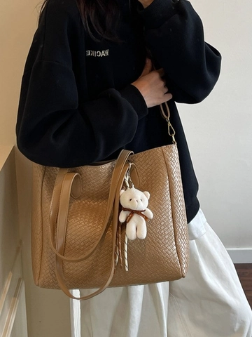 Vintage Große Kapazität Damen Geflochtene Tragetasche Mode PU Leder Umhängetasche Lässige Pendler Handtasche Mit Süßem Bärenanhänger