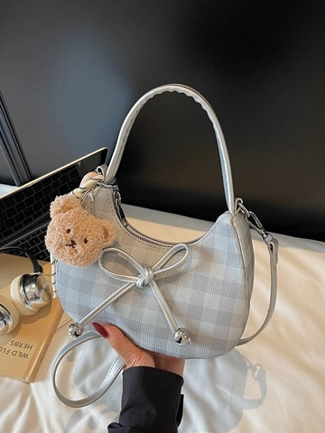 Women Gingham Hobo Bag Chic PU Leather Shoulder Bag With Bow Decoration And Plush Bear Charm Sweet Casual Crossbody Handbag