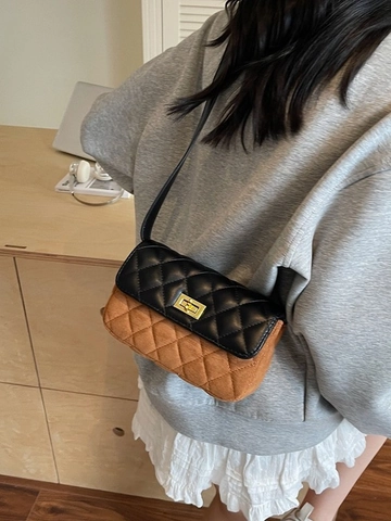 Bolso Bandolera Acolchado de Rombos para Mujer Moda PU Gamuza Color de Contraste Bolso Cuadrado Pequeño Cadena Elegante