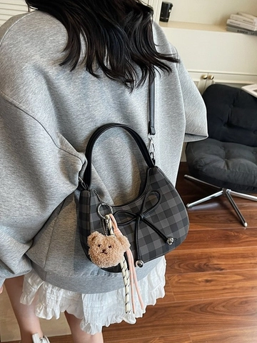 Women Gingham Hobo Bag Chic PU Leather Shoulder Bag With Bow Decoration And Plush Bear Charm Sweet Casual Crossbody Handbag
