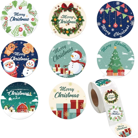 Rotolo di Adesivi Natalizi Rotondi Carta Patinata Etichette Buon Natale Babbo Natale Pupazzo di Neve Renna Decorazione Regalo