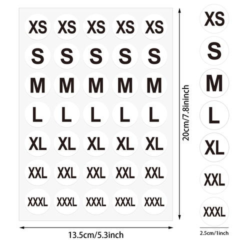 Etiquetas Adhesivas Redondas de Talla de Ropa XS S M L XL XXL XXXL Marcadores de Talla Autoadhesivos Blancos para Organización de Tiendas