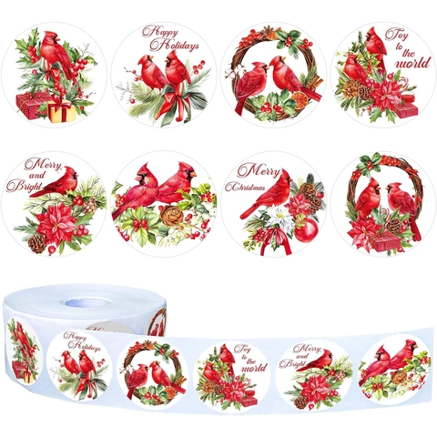 Rotolo di Adesivi Decorativi Rotondi con Cardinale di Natale Etichette Autoadesive in Carta Patinata per Scatole Regalo e Buste