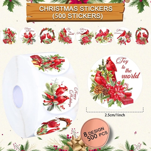 Rotolo di Adesivi Decorativi Rotondi con Cardinale di Natale Etichette Autoadesive in Carta Patinata per Scatole Regalo e Buste