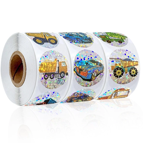 Laser Holographic Construction Vehicle Racing Car Reward Stickers Round Decorative Stickers For Kids Classroom Teachers Gift Decor