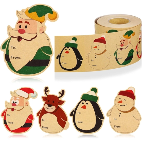 Etichette Regalo di Natale in Carta Kraft Scrivibile Da A Etichette per Confezioni Regalo Festive Rotolo di Adesivi Decorativi Autoadesivi Disegni di Babbo Natale