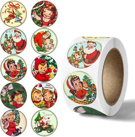 Rotolo di Adesivi Natalizi Vintage in Stile Pittura a Olio Tondi Merry Christmas Babbo Natale Pupazzo di Neve Etichette Decorative per Confezioni Regalo Sigillo Buste Decorazione Festiva