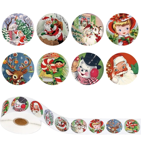 Pegatinas de Navidad Vintage en Rollo Etiquetas Adhesivas Para Envoltura de Regalos Decoración Navideña Retro Papá Noel Reno Redondo Sello Pegatina
