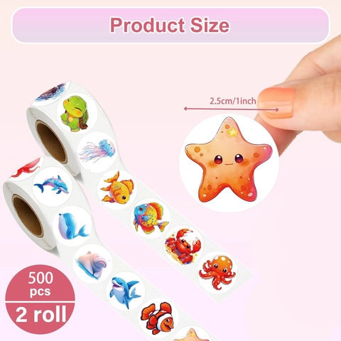 Autocollants en Rouleau d'Animaux Marins pour Enfants Étiquettes Rondes Auto-adhésives pour Scrapbooking Décoration DIY Cadeau