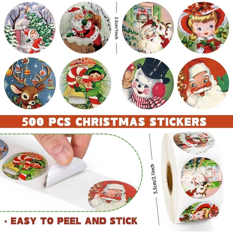 Pegatinas de Navidad Vintage en Rollo Etiquetas Adhesivas Para Envoltura de Regalos Decoración Navideña Retro Papá Noel Reno Redondo Sello Pegatina