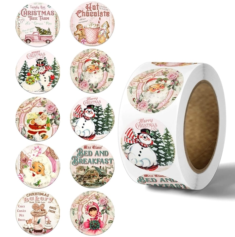 Rotolo di Adesivi Natalizi Vintage in Stile Pittura a Olio Tondi Merry Christmas Babbo Natale Pupazzo di Neve Etichette Decorative per Confezioni Regalo Sigillo Buste Decorazione Festiva