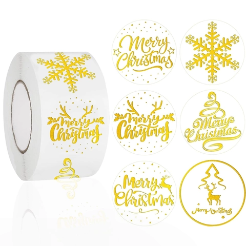 Gold Foil Christmas Stickers Roll Round Merry Christmas Labels For Gift Wrapping Holiday Decoration Sealing Labels