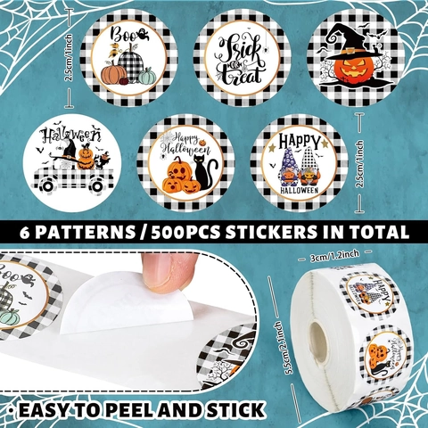 Halloween Aufkleber Rolle Buffalo Plaid Kürbis Schwarze Katze Geist Muster Runde Klebeetiketten Für Party Dekoration Geschenk