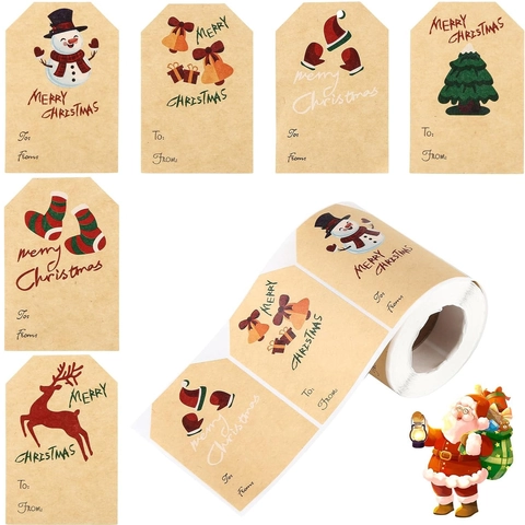 Etichette Regalo di Natale in Carta Kraft Con Spazio per Scrivere To From Design Festivo Adesivi Autoadesivi in Rotolo per Regali di Natale