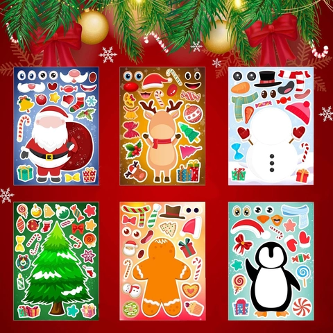 Adesivi Natalizi Fai da Te Componi il Viso per Bambini Decorazioni Festive Babbo Natale Pupazzo di Neve Renna Pinguino