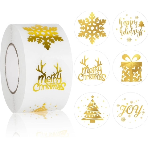 Gold Foil Christmas Stickers Roll Round Merry Christmas Labels For Gift Wrapping Holiday Decoration Sealing Labels
