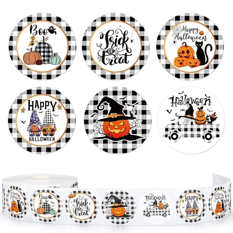 Halloween Aufkleber Rolle Buffalo Plaid Kürbis Schwarze Katze Geist Muster Runde Klebeetiketten Für Party Dekoration Geschenk