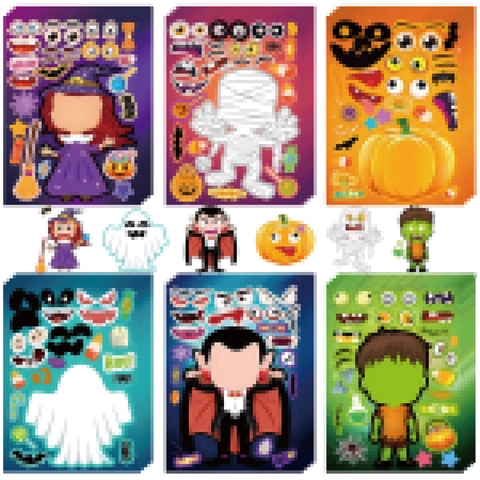 Halloween DIY Gesicht Aufkleber Für Kinder Cartoon Kürbis Hexe Geist Gesichtsausdruck Aufkleber Handwerk Puzzle Spiel Festival Party Deko