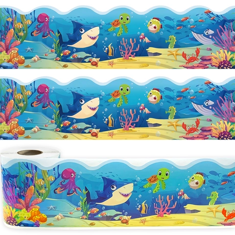 Ocean World Bulletin Board Border Scalloped Wave Edge Stickers Self Adhesive Paper Classroom Decoration Cartoon Sea Animal Shark Turtle Pattern For School Teachers Kids