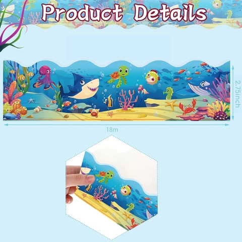 Ocean World Bulletin Board Border Scalloped Wave Edge Stickers Self Adhesive Paper Classroom Decoration Cartoon Sea Animal Shark Turtle Pattern For School Teachers Kids