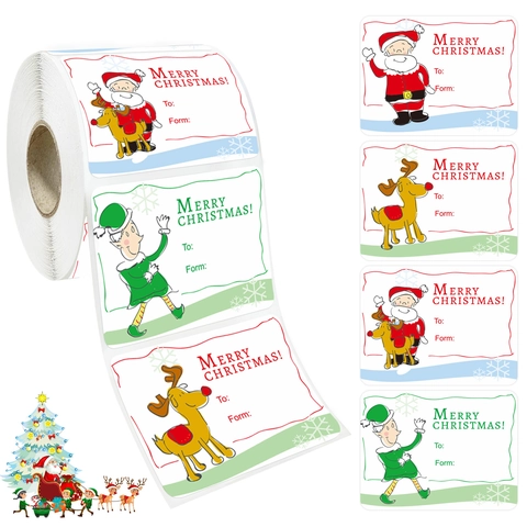 Merry Christmas Gift Tag Stickers Roll Santa Claus Reindeer Patterns Holiday Present Wrapping Decoration Labels Roll