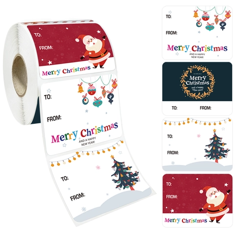 Merry Christmas Gift Tag Stickers Roll Santa Claus Reindeer Patterns Holiday Present Wrapping Decoration Labels Roll