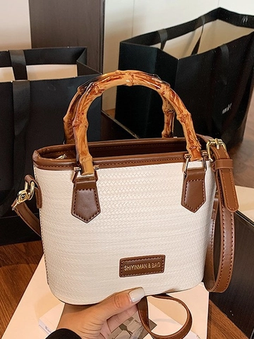 Borsa a Secchiello da Donna in PU con Trama Intrecciata Manico in Bambù Retro Borsa a Tracolla Borsa a Mano Pendolare Moda Donna Stile Estivo