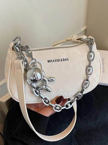 Damen Mode Marmormuster PU Leder Achseltasche Kette Dekor Schultertasche Mit Ballon Hund Anhänger Umhängetasche