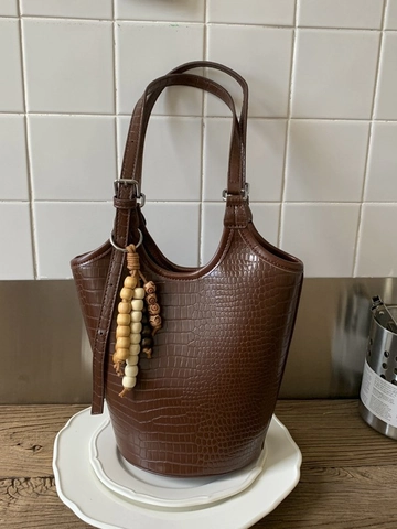 Sac Seau En Cuir PU Gauffré Crocodile Rétro Pour Femmes Sac À Épaule Fourre-Tout Grande Capacité Avec Charme En Perles De Bois