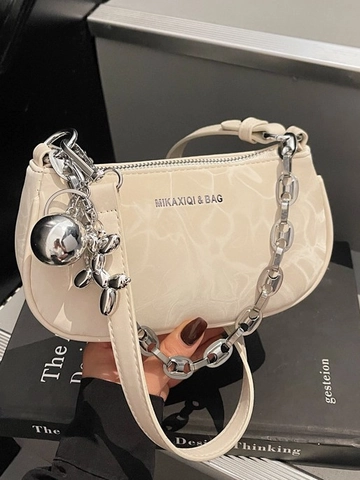 Damen Mode Marmormuster PU Leder Achseltasche Kette Dekor Schultertasche Mit Ballon Hund Anhänger Umhängetasche
