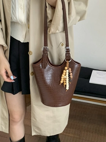 Sac Seau En Cuir PU Gauffré Crocodile Rétro Pour Femmes Sac À Épaule Fourre-Tout Grande Capacité Avec Charme En Perles De Bois