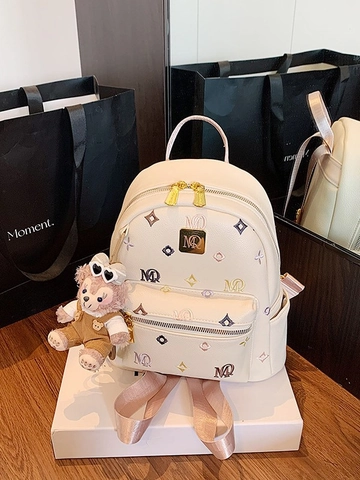 Zaino Mini Moda Donna in Pelle PU Stampa Monogramma Motivo a Lettere Casual Zainetto da Viaggio Con Ciondolo Cartoon Peluche Spalline Rosa