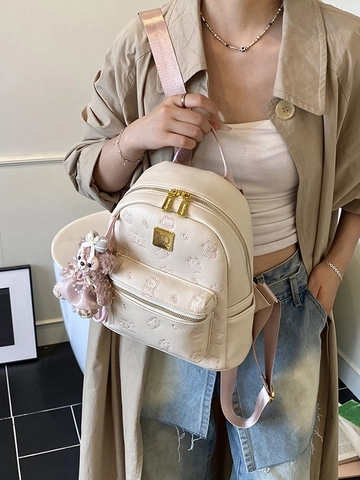 Zaino Mini Moda Donna in Pelle PU Stampa Monogramma Motivo a Lettere Casual Zainetto da Viaggio Con Ciondolo Cartoon Peluche Spalline Rosa