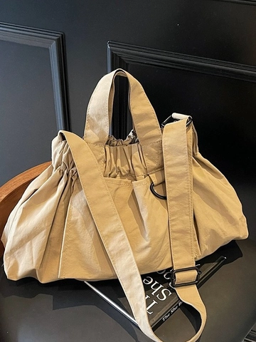 Women Pleated Nylon Tote Bag Large Capacity Drawstring Bucket Bag Casual Versatile Shoulder Crossbody Commuter Handbag