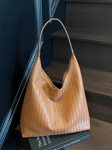Damen Retro Gewebte PU Leder Beuteltasche Große Kapazität Hobo Schultertasche Casual Pendler Tote Mode Handtasche