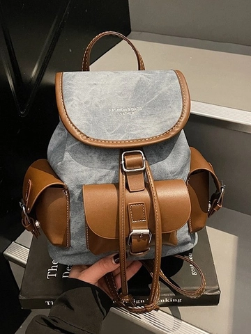 Vintage Γυναικείο Σακίδιο Patchwork από Δέρμα PU Στυλ Denim Τσάντα Κουβά Μεγάλης Χωρητικότητας Casual Ταξίδι Σχολείο Τσάντα Ώμου