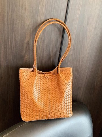 Große Gewebte Damen PU Leder Tote Tasche Handgewebte Schultertasche Täglich Pendeln Handtasche Mode Luxus Design