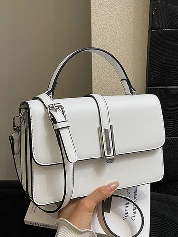 Borsa a Mano da Donna Minimalista in Pelle PU Piccola Borsa a Tracolla Quadrata Con Fibbia in Metallo Argento Tinta Unita Elegante