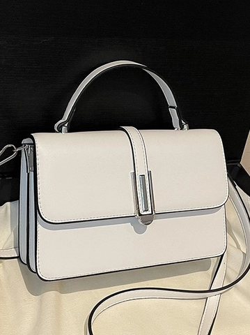 Borsa a Mano da Donna Minimalista in Pelle PU Piccola Borsa a Tracolla Quadrata Con Fibbia in Metallo Argento Tinta Unita Elegante