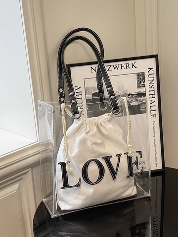 Damen Große Kapazität Transparent PVC Tote Tasche LOVE Buchstabe Patchwork Schultertasche Mit Kordelzug Innentasche Strand Jelly Handtasche