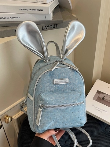 Mochila de Mezclilla y PU a la Moda para Mujer Con Orejas de Conejo Dimensionales Gran Capacidad Bolso Escolar Retro