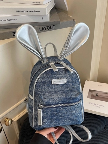 Mochila de Mezclilla y PU a la Moda para Mujer Con Orejas de Conejo Dimensionales Gran Capacidad Bolso Escolar Retro