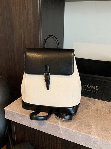 Mochila de Mujer de Moda en Lona y Cuero PU Color Block Bolso Escolar Vintage Mochila de Viaje Pequeña con Hebilla