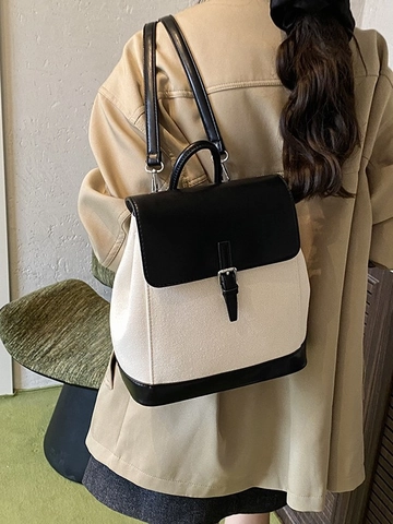 Mochila de Mujer de Moda en Lona y Cuero PU Color Block Bolso Escolar Vintage Mochila de Viaje Pequeña con Hebilla
