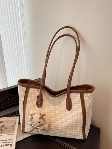 Vintage Geflochtene PU Leder Tragetasche Für Damen Große Kapazität Schultertasche Mit Plüsch Anhänger Lässige Handtasche